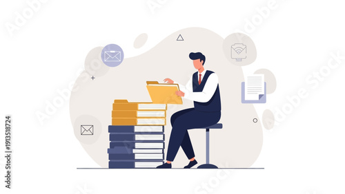 Businessman Organizing Files in Office, Data Management Concept
