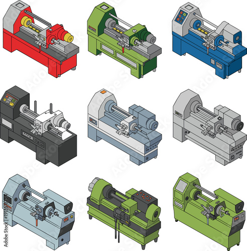 Isometric vector illustration of colorful industrial CNC lathe machines set, modern metalworking manufacturing equipment collection isolated on white background for factory engineering concepts