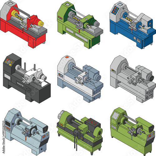 Isometric vector illustration of industrial metal lathe machines in multiple colors, modern manufacturing equipment set isolated on white background for factory workshop design concepts