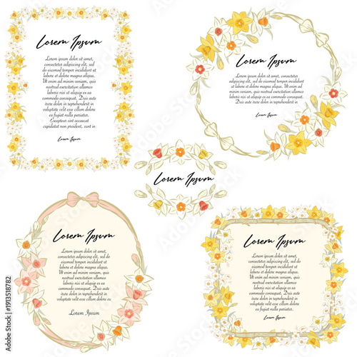 Vector frame of daffodil and forget me not flower for card, decoration