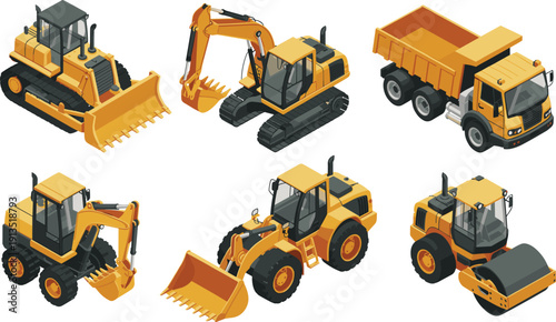 Isometric yellow construction vehicles set with excavator, bulldozer, dump truck, loader and road roller, heavy machinery for industrial building, mining and infrastructure projects