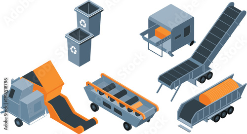 Isometric waste recycling and processing machinery set showing conveyor belts, shredders, sorting equipment, industrial recycling systems, garbage management technology isolated on white background 