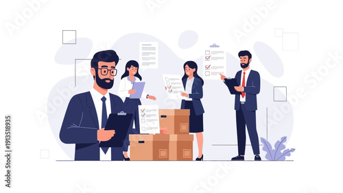 Business Team Organizing Documents and Boxes for Efficient Workflow
