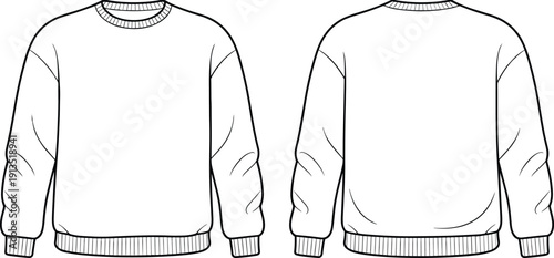 Men crew neck sweatshirt front and back view technical fashion sketch, long sleeve pullover outline isolated on white background vector illustration template