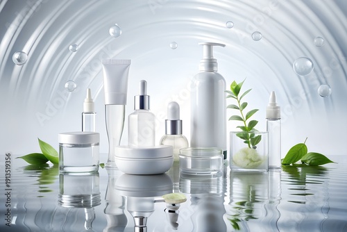 White skin care products on white water surface essence scientific skin care utensils