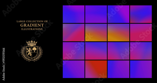 A vibrant grid of striking multicolor vector gradients next to a gold coat of arms on a black background, perfect for music posters, nightlife promotion, bold branding, and digital work.