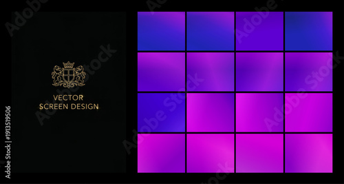 A striking matrix of smooth vector purple and red gradients combined with an ornate crest on a black background, suitable for eye-catching web headers, invitations, or high-quality digital branding.