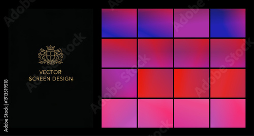 A striking matrix of smooth vector purple and red gradients combined with an ornate crest on a black background, suitable for eye-catching web headers, invitations, or high-quality digital branding.