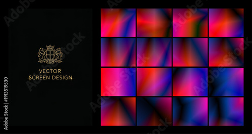 A vibrant grid of striking multicolor vector gradients next to a gold coat of arms on a black background, perfect for music posters, nightlife promotion, bold branding, and digital work.