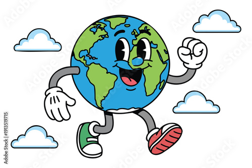 Cute animated earth character with arms and legs smiling and waving happily in a cheerful pose isolated illustration