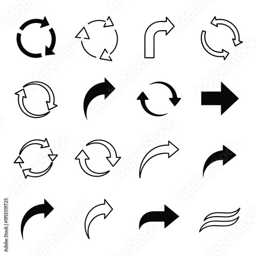 A collection of various black and white arrow icons on a plain background