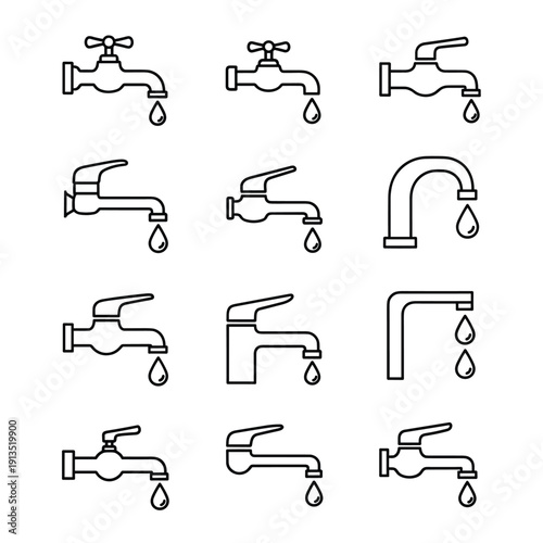 A collection of various faucet icons with water droplets on a white background