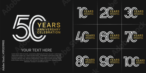 Anniversary logo set with double line number style. silver and gold color can be use for special moment