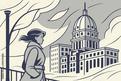 Solitary Woman Viewing Vintage Cityscape with Grand Dome Architecture