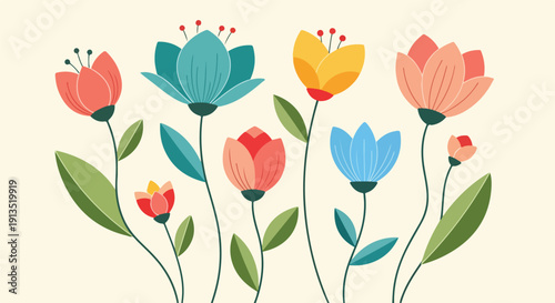 A collection of stylized flowers in various colors against a light background