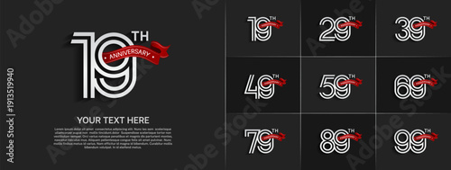Anniversary logo set with double line number style. white color with red ribbon can be use for special moment