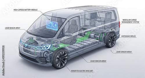 Transparent Electric Van Interior Mechanical Components Diagram.