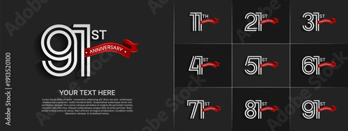 Anniversary logo set with double line number style. white color with red ribbon can be use for special moment