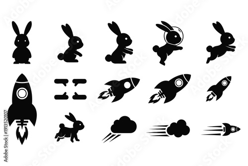 Cute cartoon rabbit and rocket icons set with various poses and space elements isolated collection