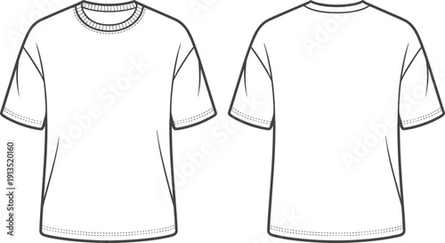 Men t shirt technical fashion illustration front and back view flat line drawing with short sleeves crew neck basic casual apparel design template