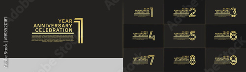 Anniversary logo set with double line number style. golden color can be use for special moment