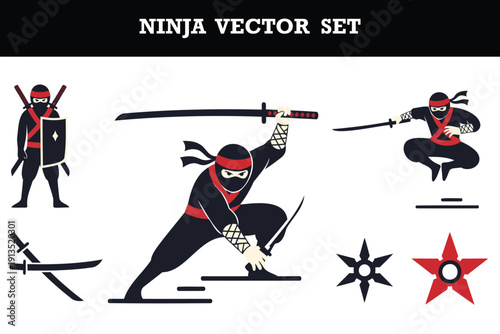 Dynamic ninja vector illustration set featuring warriors in action poses with swords and throwing stars ready for combat