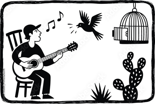Minimalist black and white illustration of man playing guitar with singing bird, open cage and cactus, artistic folk music concept hand drawn style