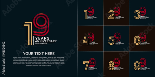 Anniversary logo set with double line number style. gold and silver and red color can be use for special moment