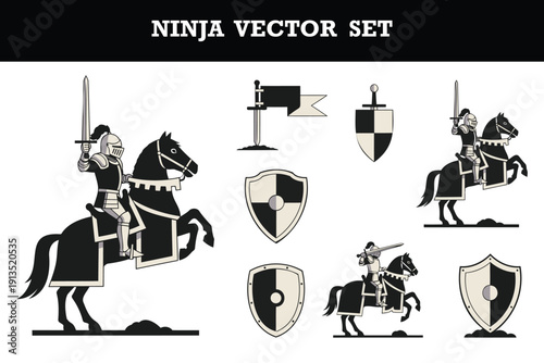 Medieval knight and ninja warrior vector illustration set with various poses and heraldic symbols