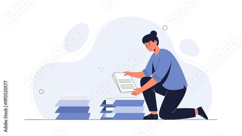 Woman Organizing Stacked Papers, Document Management, Office Work