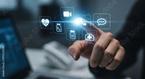 Businessman hand touching health icon healthcare medical network, medical technology network concept