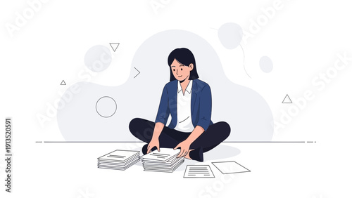 Tired woman sitting on floor with stacks of paper, overwhelmed with work