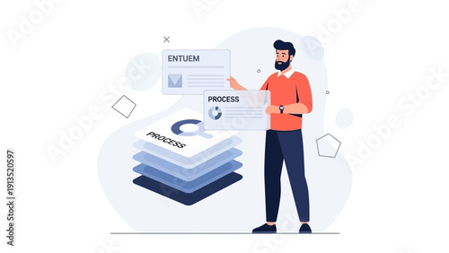 Man analyzing business process flowcharts and data for improvement