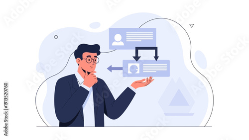 Man analyzing organizational chart, business strategy and planning concept