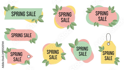 Assorted spring sale discount labels and tags with fresh green leaves for seasonal promotional advertising
