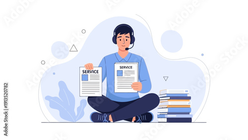 Customer Service Representative Holding Service Documents with Books