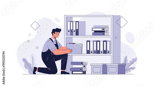 Man Organizing Files in Bookshelf, Office Organization Concept