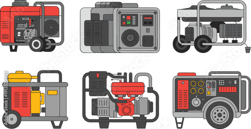 Portable electric generators illustration set showing gasoline inverter and industrial power units for emergency backup construction sites outdoor work and engineering applications