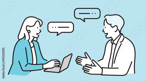 シンプル　イラスト　ミーティングをするビジネスパーソンの男性と女性　ビジネスシーン