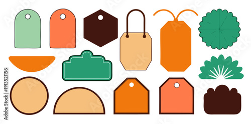 Minimal label and gift tag bundle with clean simple shapes in green, orange, brown, and beige colors, perfect for decoration and packaging design projects