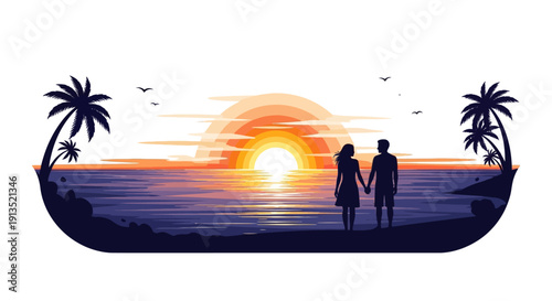 A romantic silhouette of a couple holding hands, gazing at a vibrant tropical sunset over the serene ocean, framed by majestic palm trees