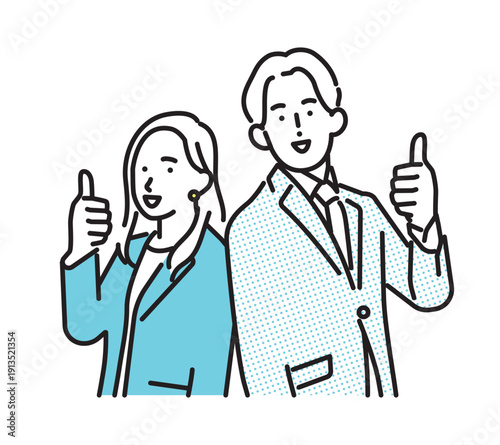 シンプル　イラスト　笑顔のビジネスパーソンの男性と女性　ビジネスシーン