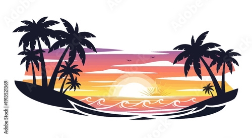 Vibrant tropical beach sunset illustration with silhouetted palm trees and a colorful sky reflecting on ocean waves, creating a serene summer paradise scene