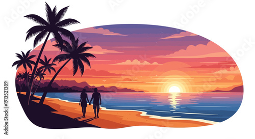 Romantic couple enjoys a serene sunset walk on a tropical beach, holding hands, silhouetted by vibrant sky, tranquil ocean, and palm trees