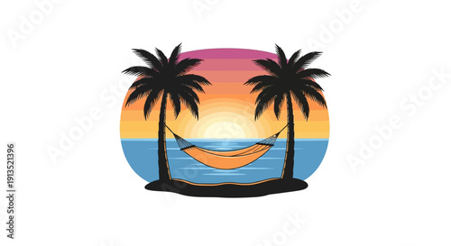 Vibrant Tropical Sunset Scene with Hammock Between Palm Trees, Symbolizing Relaxing Beach Vacation and Summer Escape, Perfect for Travel and Leisure Concepts