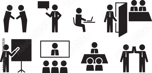 Pictogram of a human figure, set of meetings of a businessman wearing a tie