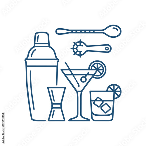 Cocktail shaker and bar tools line icon
