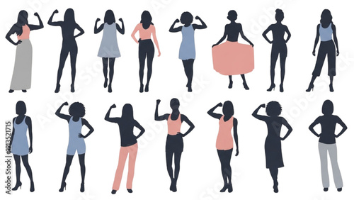 Diverse collection of female silhouettes showcasing empowerment, strength, and individuality in various confident poses