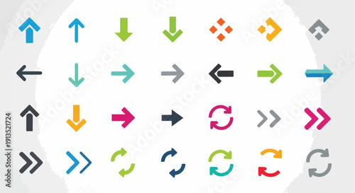 A collection of various arrows, directions, and recycle icons in a grid format