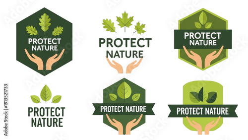 Collection of Eco-Friendly Emblems and Green Conservation Badges for Environmental Protection Initiatives